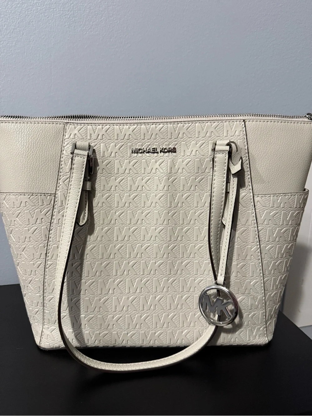 Michael Kors Ivory MK Logo Tote with Silver Charm